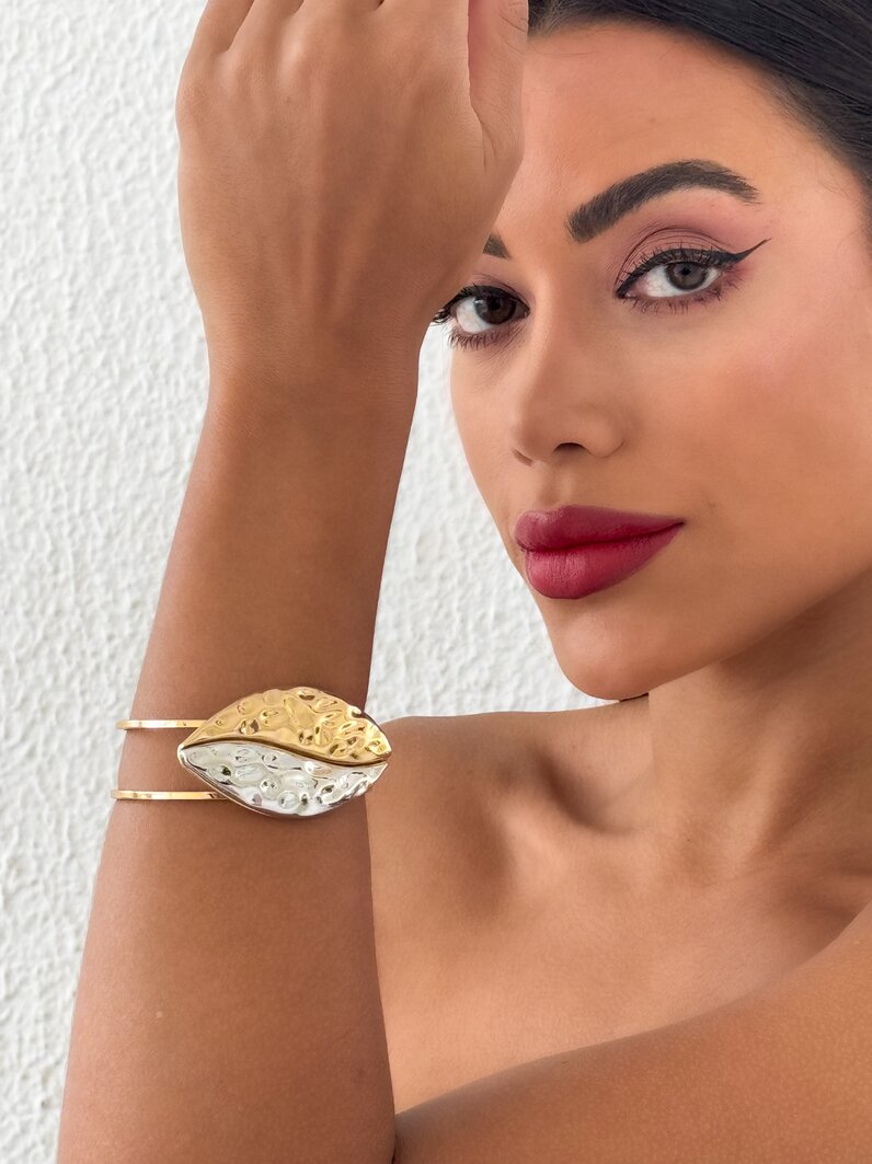 Bracelete Folheado a Ouro 18k e Prata Aço inoxidável Mix Banho Martelado