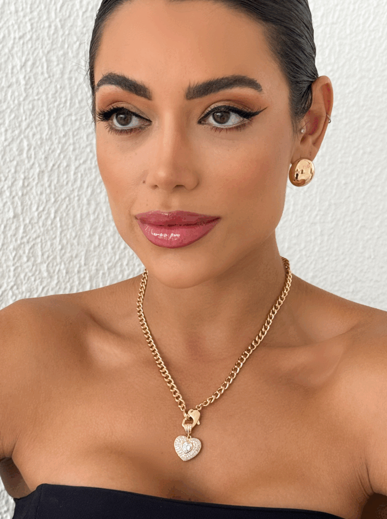 Colar Folheado a Ouro 18k e Prata Correntaria Com Coração de Zircônia Com Ponto de luz