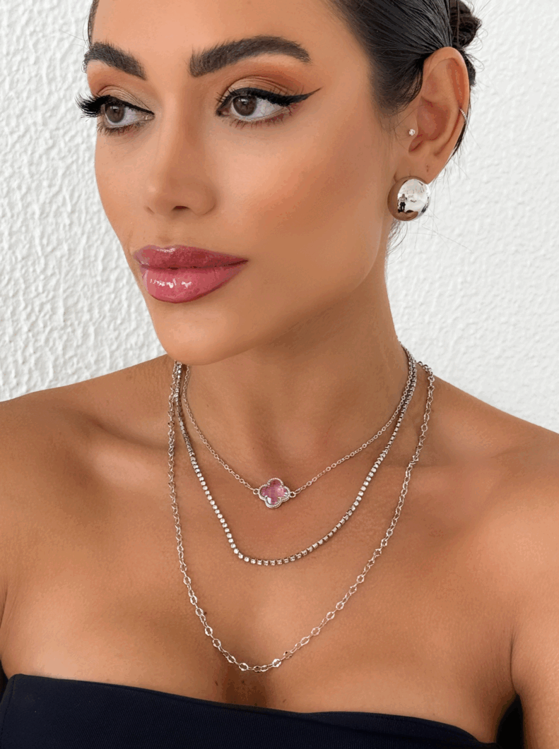 Colar Triplo Folheado a Ouro 18k e Prata Inspiração Com Zircônia