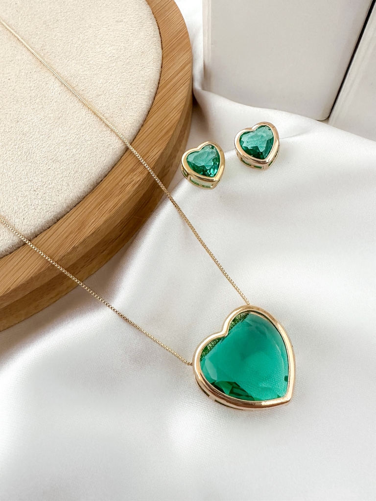 Conjunto colar e brinco com pedra de zircônia folheado a ouro 18k e prata