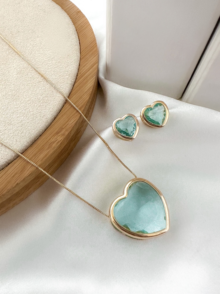 Conjunto colar e brinco com pedra de zircônia folheado a ouro 18k e prata