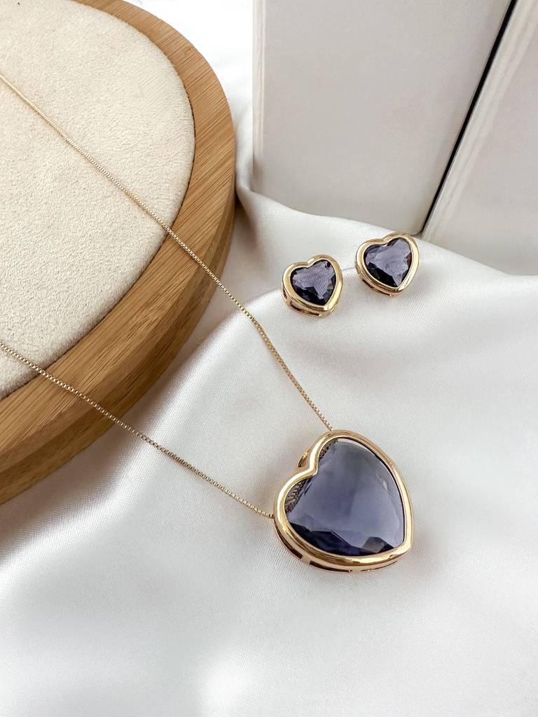 Conjunto colar e brinco com pedra de zircônia folheado a ouro 18k e prata