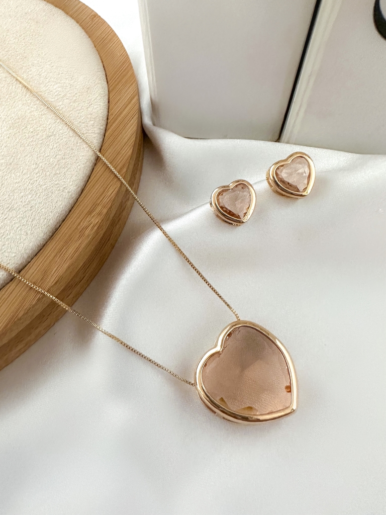 Conjunto colar e brinco com pedra de zircônia folheado a ouro 18k e prata