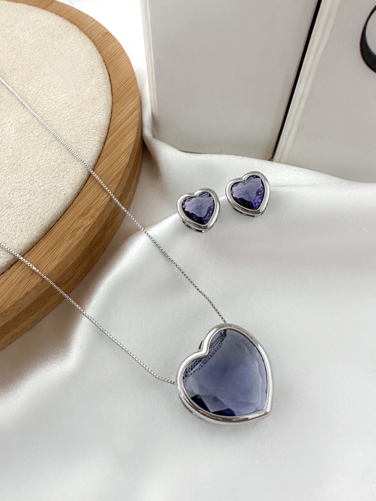 Conjunto colar e brinco com pedra de zircônia folheado a ouro 18k e prata