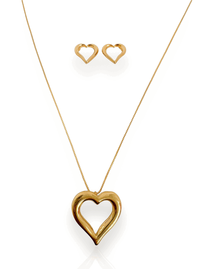 Conjunto Colar e Brinco Folheado a Ouro 18k, Coração Vazado