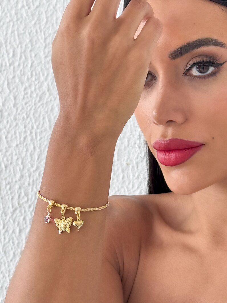 Pulseira Folheado a Ouro 18k Cordão Baiano Com Coração e Borboleta